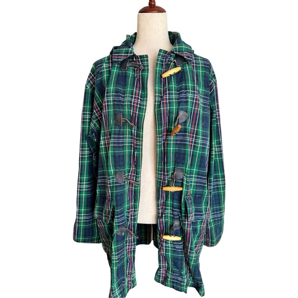 Vintage Liz Claiborne 90s Green Navy Plaid Utility Jacket with Toggle Closures
